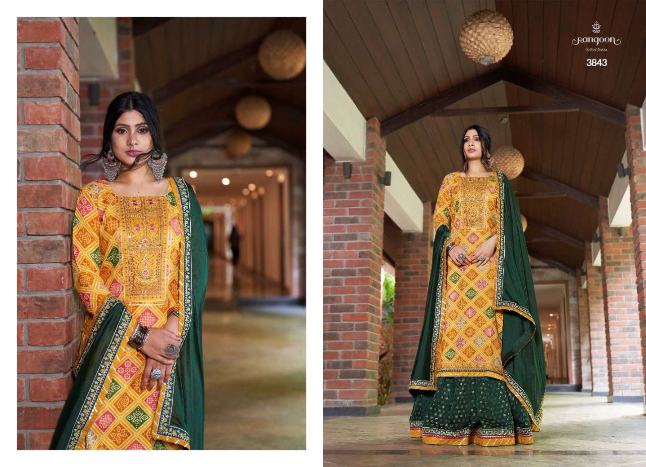 Rangoon-Bandhan Vol 2-Rayon-Bandhej-Print-Khatli-Mirror-Work-Kurti-Jacquard-Silk-Skirt-Chinon-Embroidery-Work-Dupatta-3843